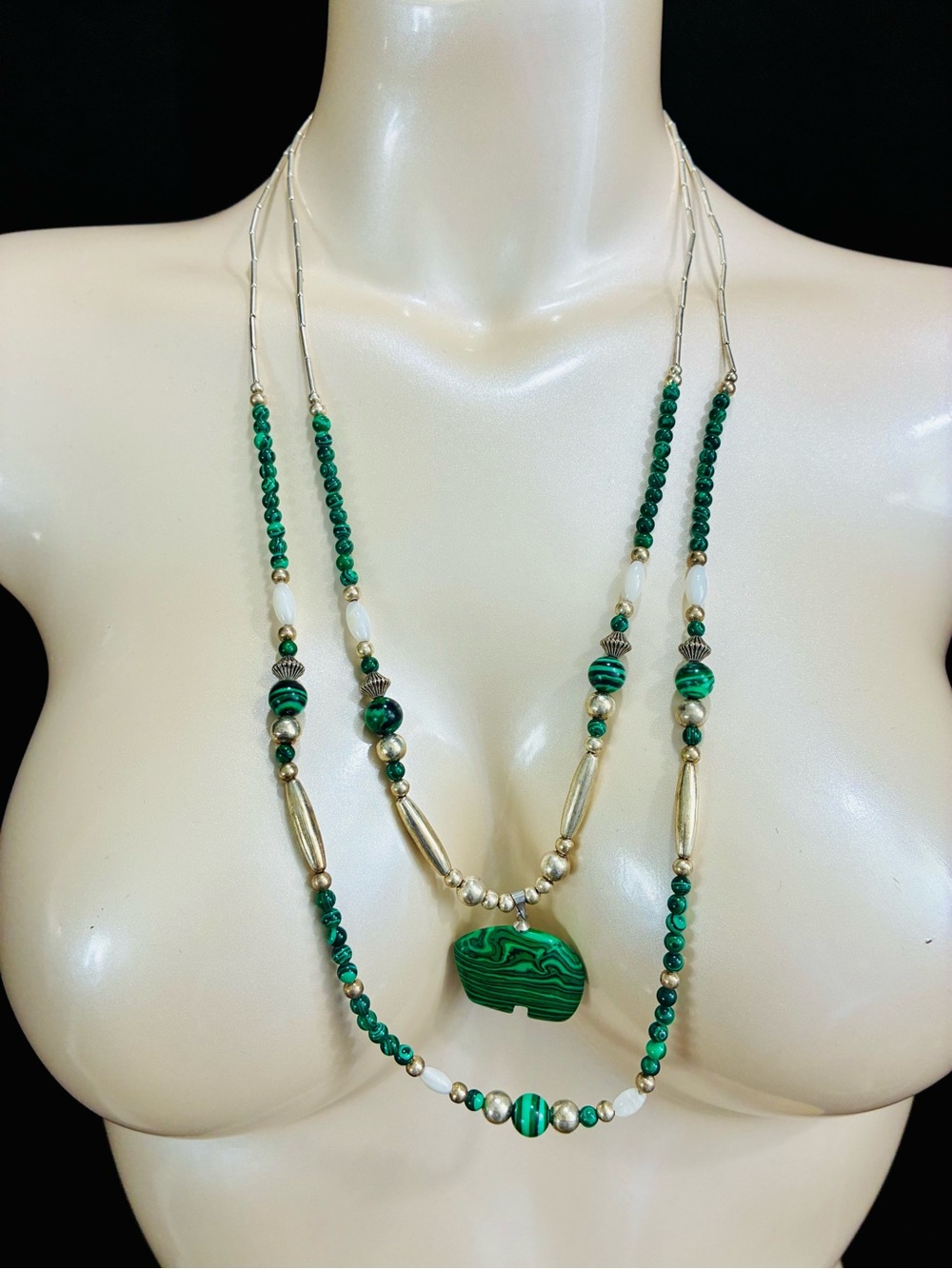 925 Faux Malachite Layered Bead Necklace with Fetish Style Pendant Bohemian Chic